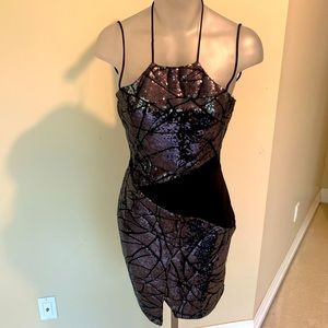 Asymmetrical hem black party sequins  dress size large